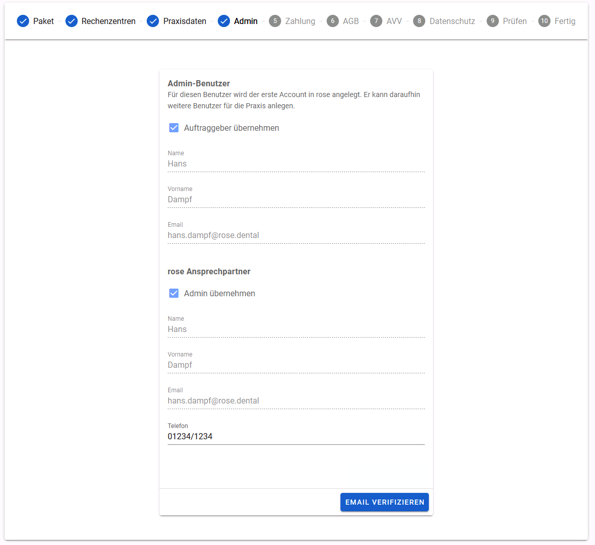 Registrierung: Admin-Benutzer und rose-Ansprechpartner