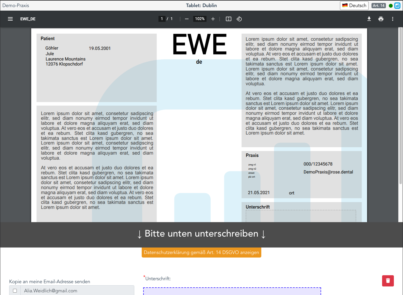 Tablet EWE-Ansicht